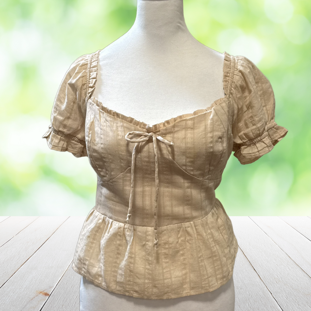 URBAN ROMANTICS Babydoll Top Puff Sleeve Smocked Back Peplum Cropped Size L